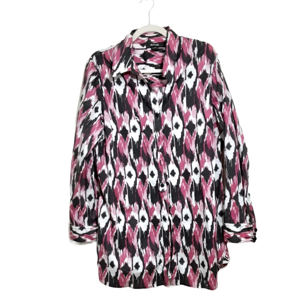 STYLE & CO. Women's Size 16W Button Up Top Roll Tab Sleeve Pink Black White